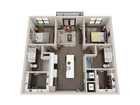Floor plan for 2 beds, 2 baths, 1131 sqft